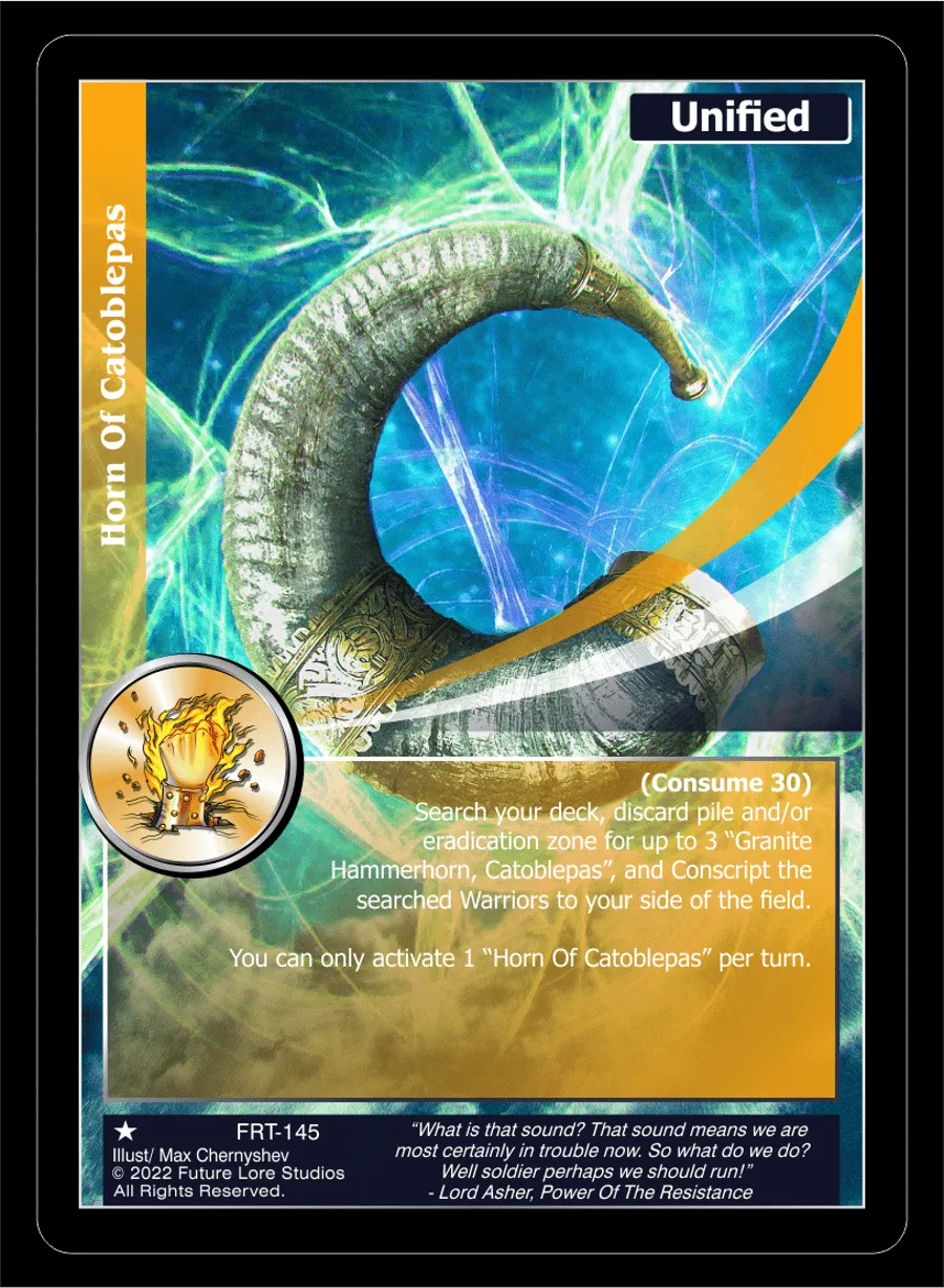 A collectible trading card featuring a large horned serpent labeled 'Horn of Catoblepas' in glowing blue and green energy. The card has a black border, orange side panels, and text boxes with game mechanics.